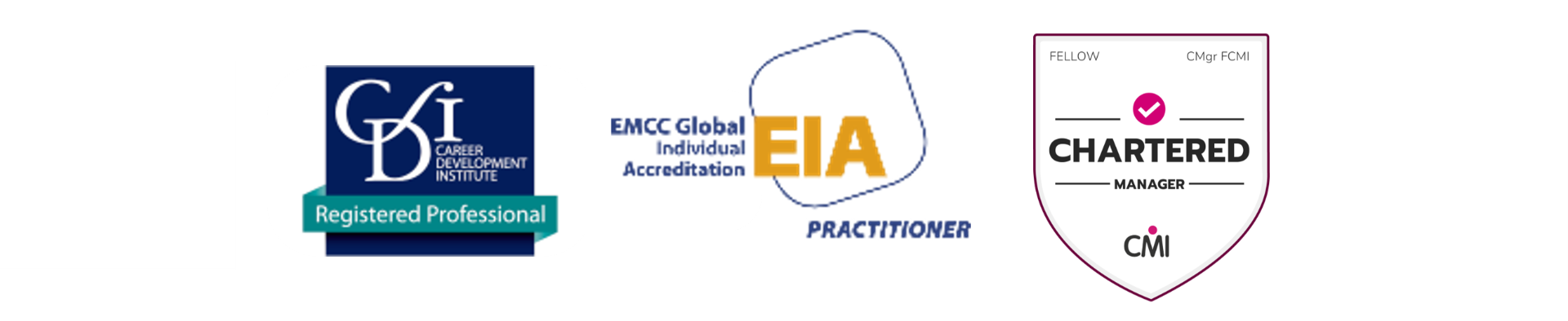Three professional accreditation logos: CDI Registered Career Development Professional, EMCC Global Individual Accreditation, and Chartered Manager CMI.