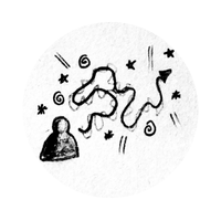 Hand-drawn doodles of a person, stars, and symbols on a white circular background.