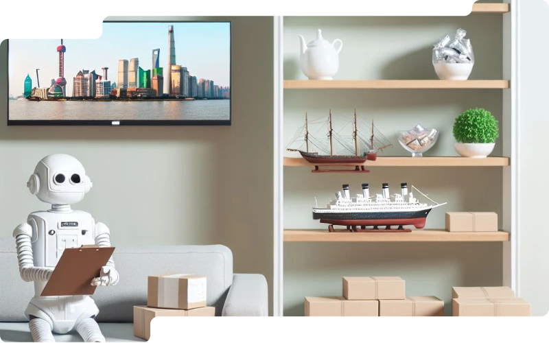 White robot assistant sits on sofa holding clipboard, beside open shelf with model ship and boxes. It represents the memory palace described in the article. (This image was AI generated).