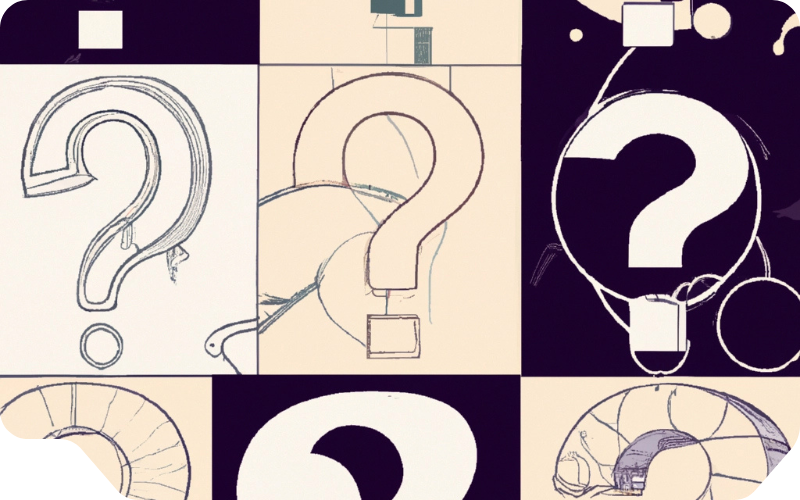 Collage of stylized question marks and question-related icons in monochrome, with bold outlines and varied textures. (The question mark image was generated with AI).